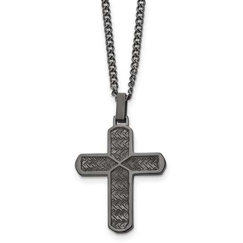 Chisel Stainless Steel Polished and Textured Gun Metal IP-plated Cross Pendant on a Curb Chain Necklace, 22"