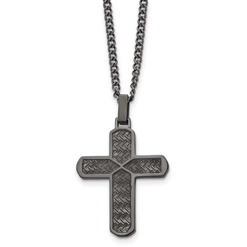 Stainless Steel Polished and Textured GunMetal IP Cross 22in Necklace