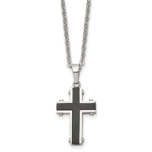 Chisel Stainless Steel Polished Black IP-plated Cross Pendant on a Cable Chain Necklace, 22"