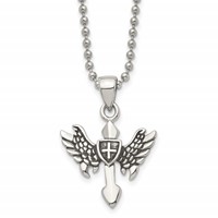 Chisel Stainless Steel Antiqued and Polished Cross Necklace with Wings Pendant on a Ball Chain, 20" view 1