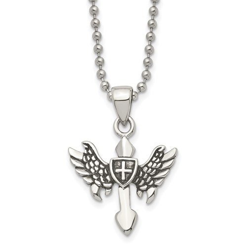 Chisel Stainless Steel Antiqued and Polished Cross Necklace with Wings Pendant on a Ball Chain, 20"