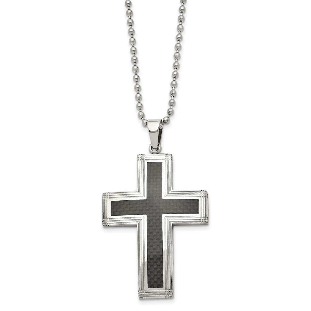 Stainless Steel Polished w/Carbon Fiber Inlay Cross 22in Necklace