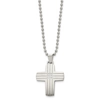 Chisel Stainless Steel Brushed and Polished Necklace with CZ Grooved Cross Pendant on a Ball Chain, 22" view 3