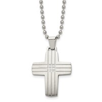 Chisel Stainless Steel Brushed and Polished Necklace with CZ Grooved Cross Pendant on a Ball Chain, 22" view 1
