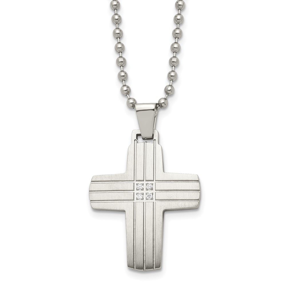 Stainless Steel Brushed and Polished w/CZ Cross 22in Necklace