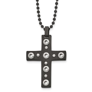 Stainless Steel Brushed and Polished Black IP-plated Cross 22in Necklace