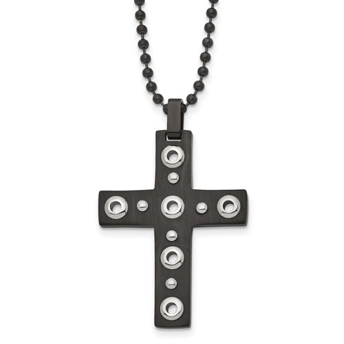 Stainless Steel Brushed and Polished Black IP-plated Cross Necklace, 22"