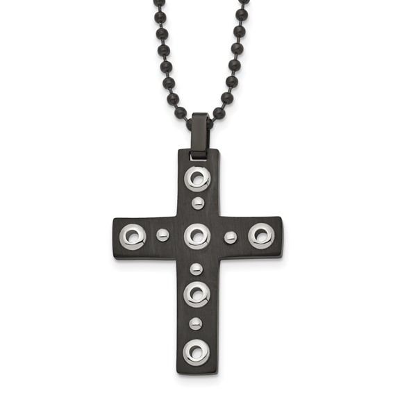 Stainless Steel Brushed and Polished Black IP-plated Cross 22in Necklace