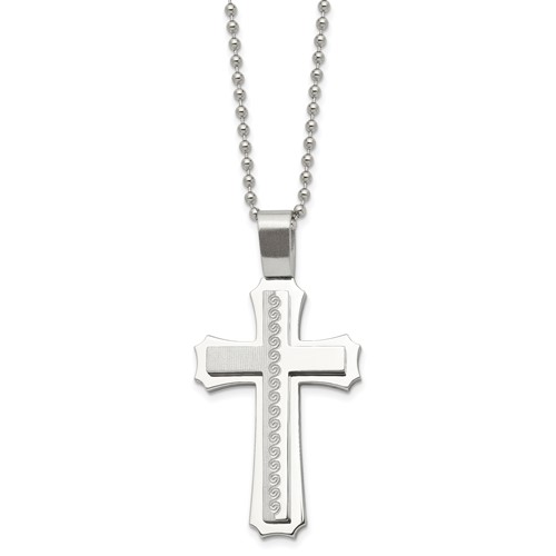 Chisel Stainless Steel Brushed and Polished Swirl Design Cross Pendant on a Ball Chain Necklace, 24"
