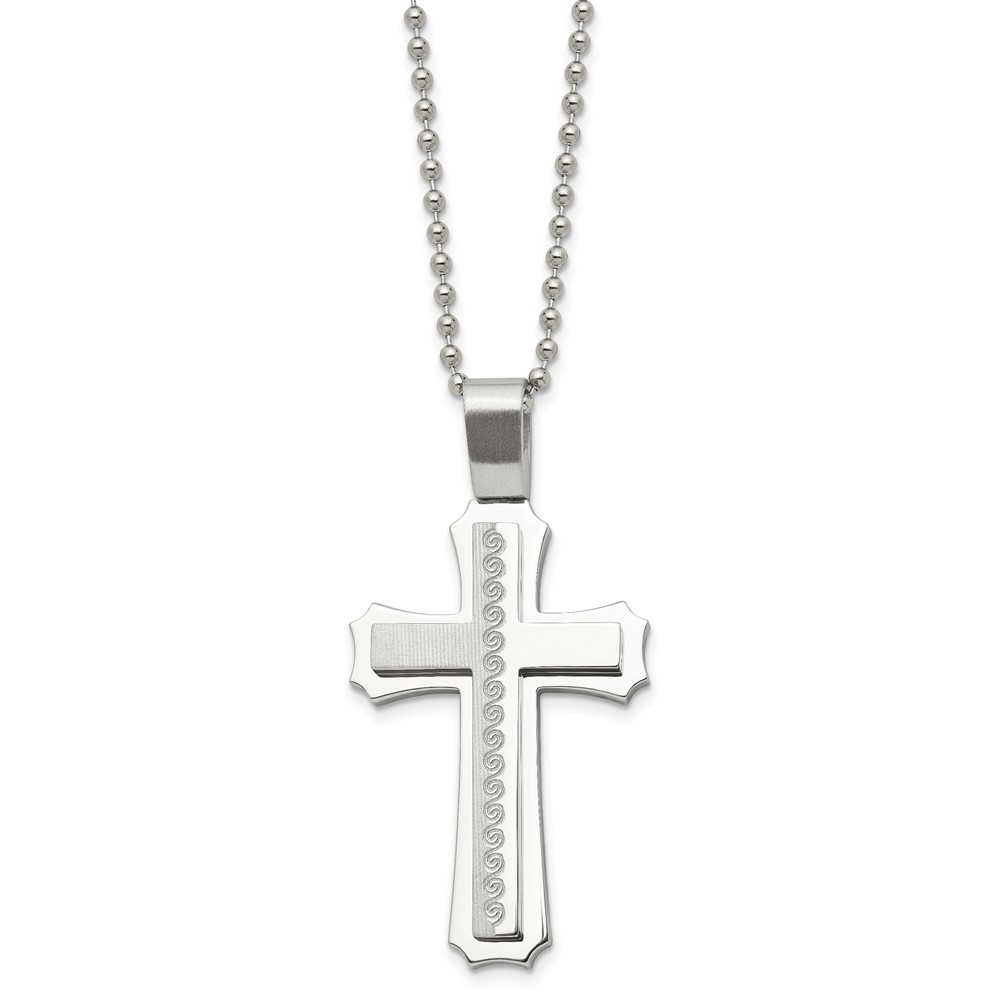 Stainless Steel Brushed and Polished Cross 24in Necklace