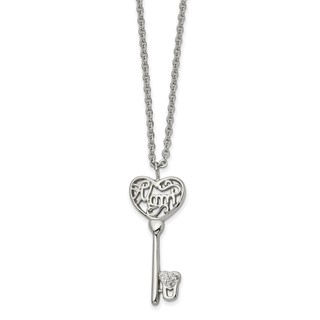 Chisel Stainless Steel Polished Clear Crystal Mom Heart Key Pendant on a 20 inch Cable Chain Necklace