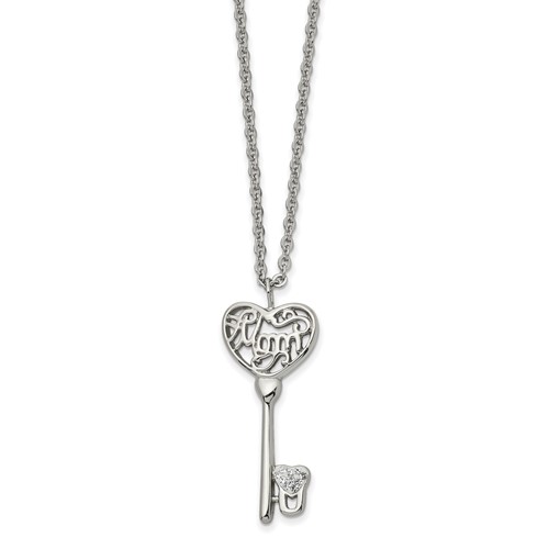 Chisel Stainless Steel Polished Clear Crystal Mom Heart Key Pendant on a Cable Chain Necklace, 20"
