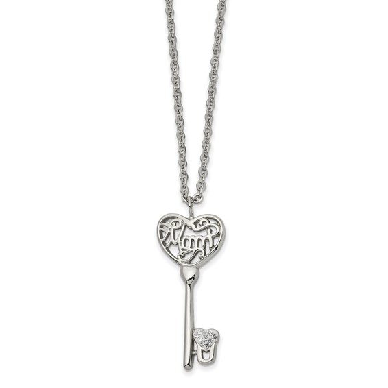 Chisel Stainless Steel Polished Clear Crystal Mom Heart Key Pendant on a 20 inch Cable Chain Necklace