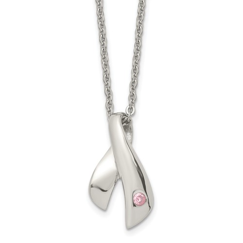 Stainless Steel Polished Necklace with Pink Awareness CZ, 20"