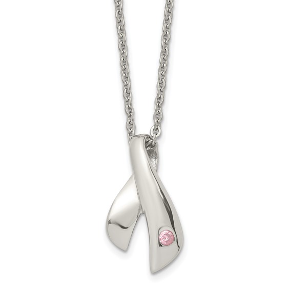 Stainless Steel Polished w/Pink Awareness CZ 20in Necklace