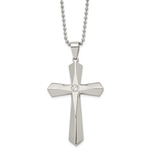 Chisel Stainless Steel Brushed and Polished Necklace with CZ Cross Pendant on a Ball Chain, 24"