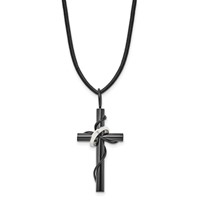 Chisel Stainless Steel Polished Black IP-plated Cross Necklace with Ring on a Leather Cord, 20.5" view 3