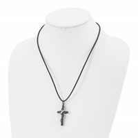 Chisel Stainless Steel Polished Black IP-plated Cross Necklace with Ring on a Leather Cord, 20.5" view 4