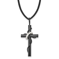 Chisel Stainless Steel Polished Black IP-plated Cross Necklace with Ring on a Leather Cord, 20.5" view 1