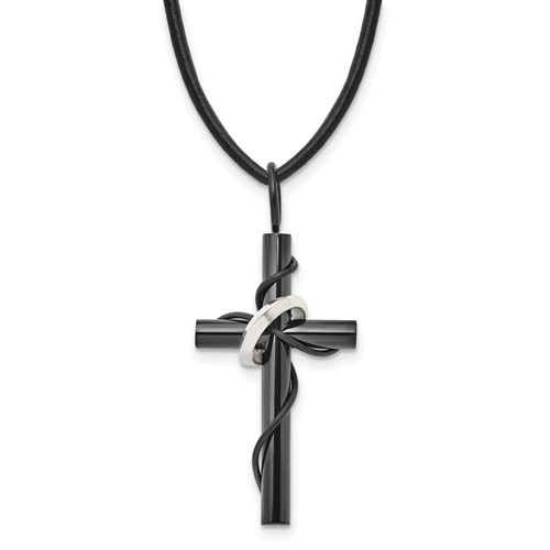 Chisel Stainless Steel Polished Black IP-plated Cross Necklace with Ring on a Leather Cord, 20.5"