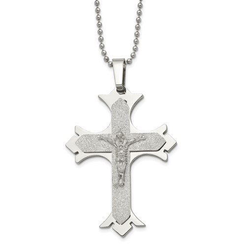 Chisel Stainless Steel Polished Laser Cut Crucifix Pendant on a Ball Chain Necklace, 22"