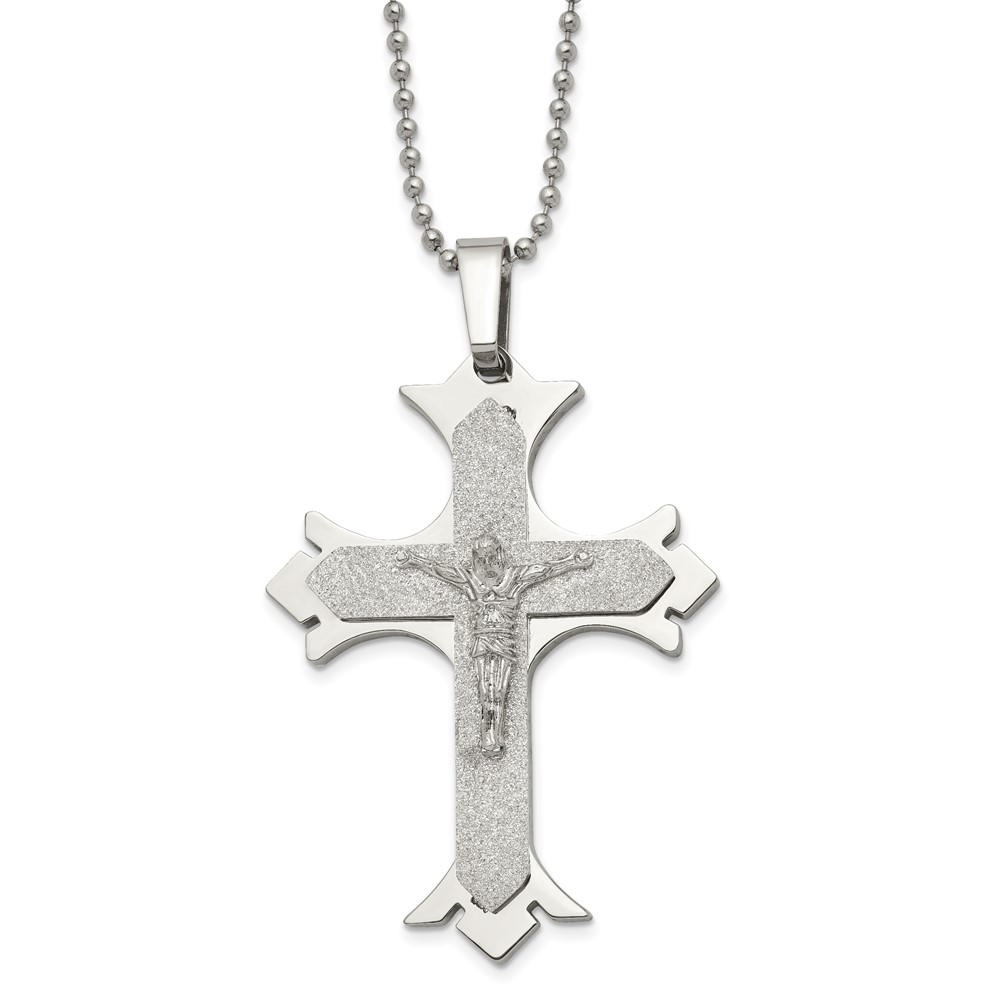 Stainless Steel Polished Laser Cut Crucifix 22in Necklace