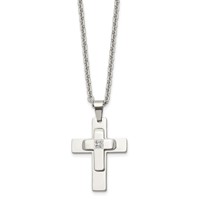 Chisel Stainless Steel Polished Necklace with CZ Cross Pendant on a Cable Chain, 22" view 3