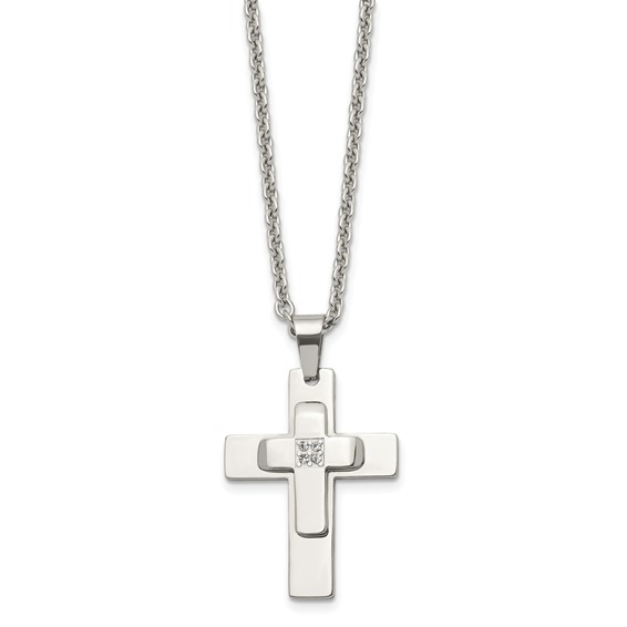 Chisel Stainless Steel Polished with CZ Cross Pendant on a 22 inch Cable Chain Necklace