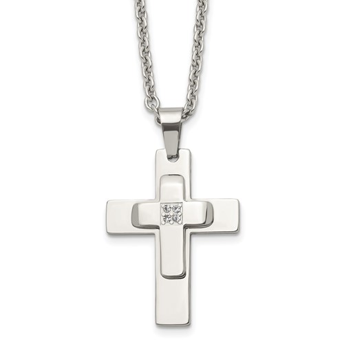 Chisel Stainless Steel Polished Necklace with CZ Cross Pendant on a Cable Chain, 22"