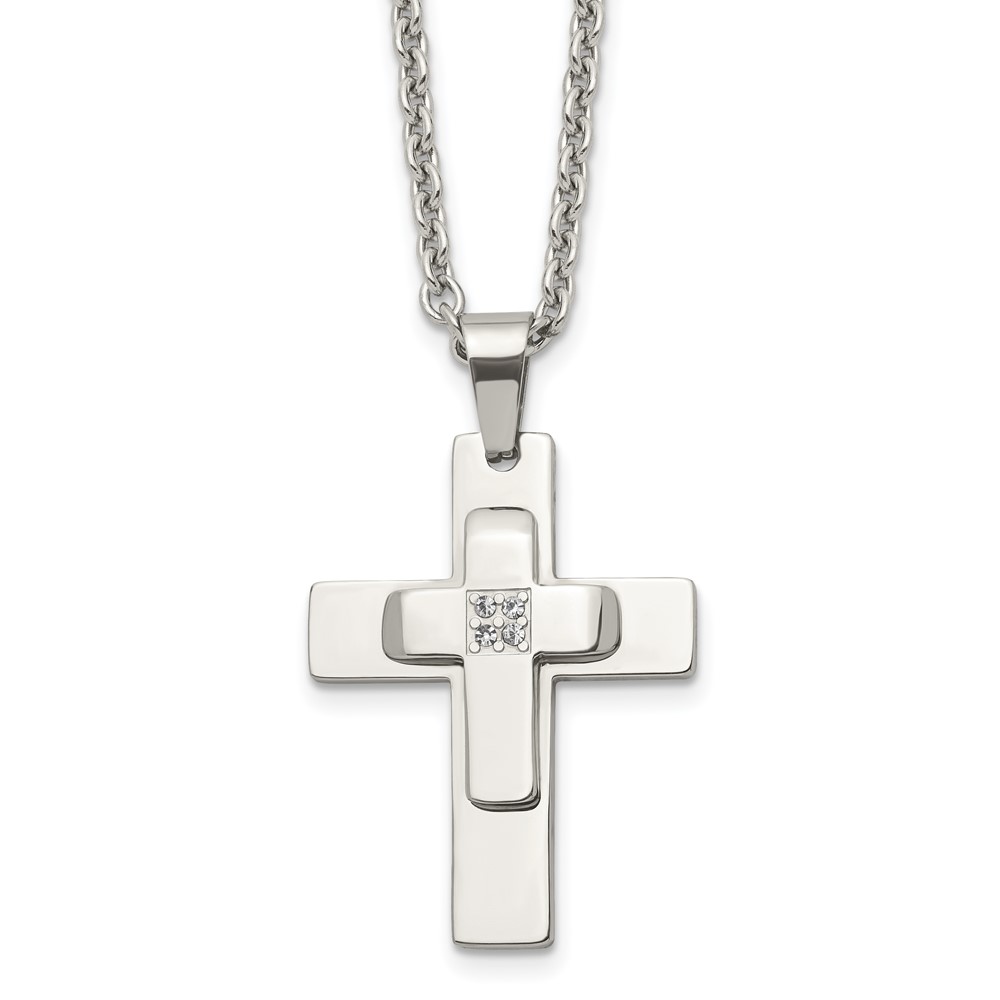 Stainless Steel Polished w/CZ Cross 22in Necklace