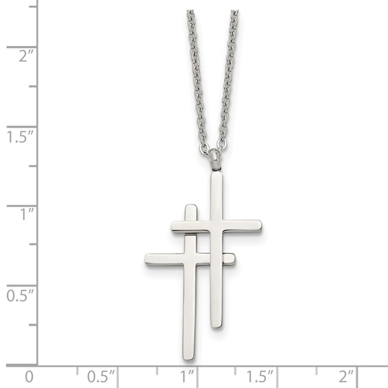 Stainless Steel Polished Double Cross 18in Necklace