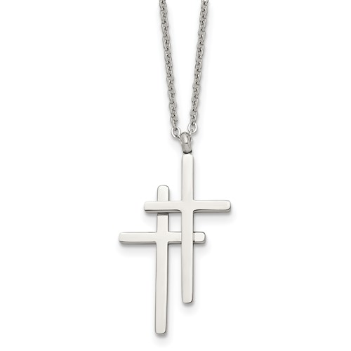 Stainless Steel Polished Double Cross Necklace, 18"