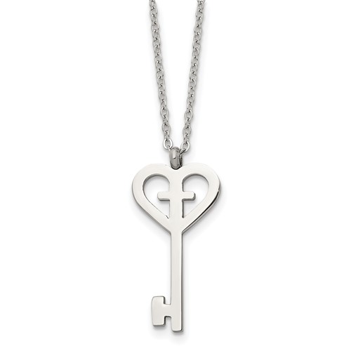 Stainless Steel Polished Key Necklace with Cross, 16"