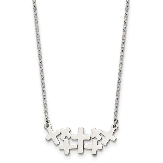 Stainless Steel Brushed and Polished Multi Cross 17.5in Necklace