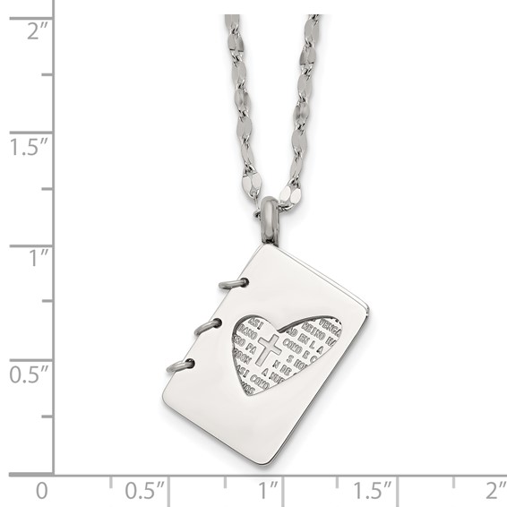 Chisel Stainless Steel Brushed and Polished Lord's Prayer in Spanish Notebook Pendant on a 17.5 inch Necklace