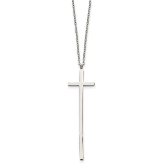 Chisel Stainless Steel Polished Long Cross Pendant on a 30 inch Cable Chain Necklace