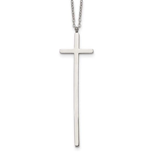 Chisel Stainless Steel Polished Long Cross Pendant on a Cable Chain Necklace, 30"