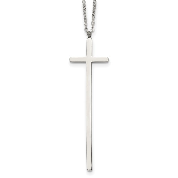 Chisel Stainless Steel Polished Long Cross Pendant on a 30 inch Cable Chain Necklace