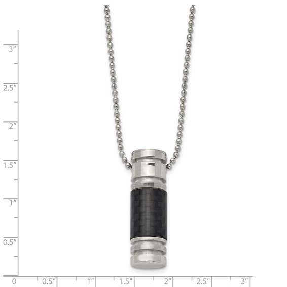 Chisel Stainless Steel Polished with Black Carbon Fiber Inlay Cylinder on a 22 inch Ball Chain Necklace