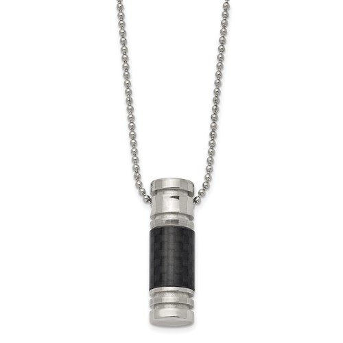 Chisel Stainless Steel Polished Necklace with Black Carbon Fiber Inlay Cylinder on a Ball Chain, 22"