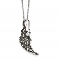 Stainless Steel Antiqued and Polished Necklace with Crystal Wing, 20" view 1