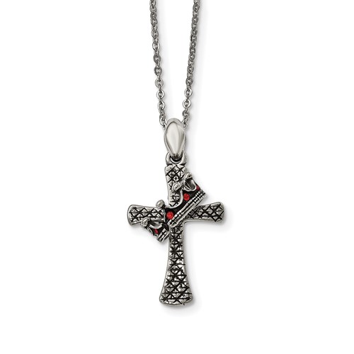 Stainless Steel Antiqued & Polished Necklace with Crystal Cross