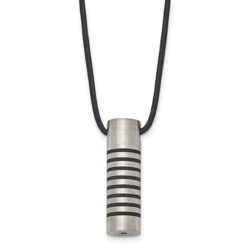 Chisel Stainless Steel Brushed and Polished Necklace with Black Rubber Cylinder on an Leather Cord, 18"
