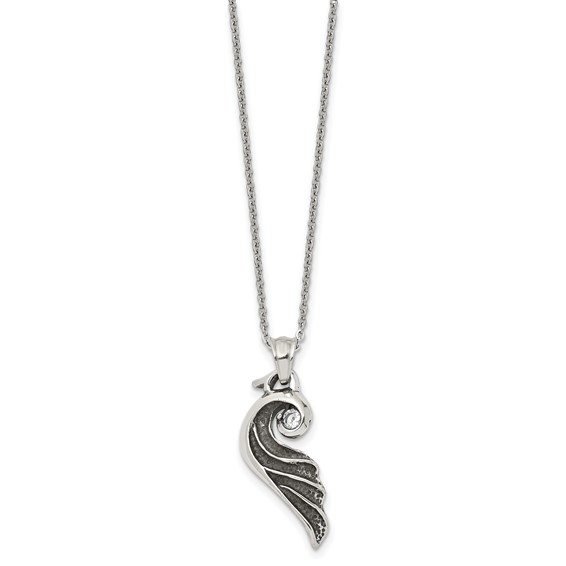 Stainless Steel Antiqued and Polished w/Crystal Wing 18in Necklace