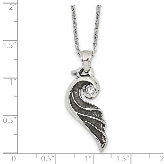Stainless Steel Antiqued and Polished w/Crystal Wing 18in Necklace