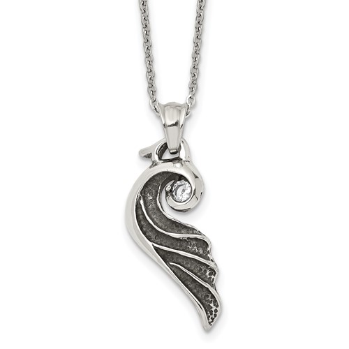 Stainless Steel Antiqued and Polished Necklace with Crystal Wing, 18"