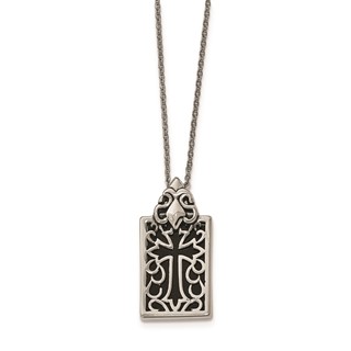 Stainless Steel Antiqued & Polished w/ Black Glass Cross Necklace