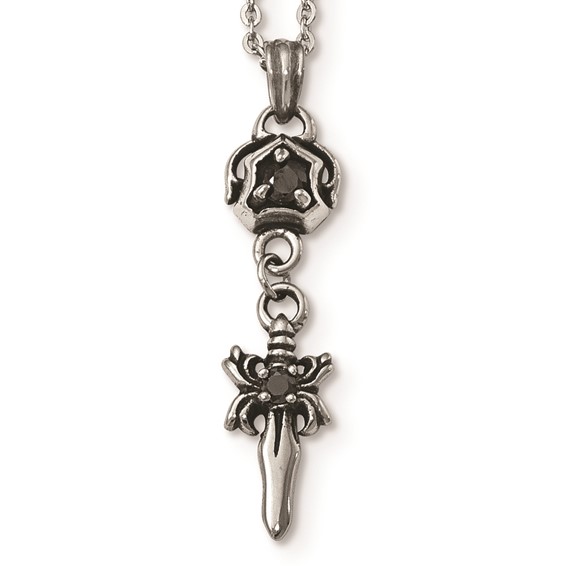 Stainless Steel Antiqued & Polished w/ Black CZ Sword Necklace
