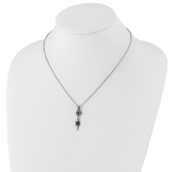 Stainless Steel Antiqued & Polished w/ Black CZ Sword Necklace