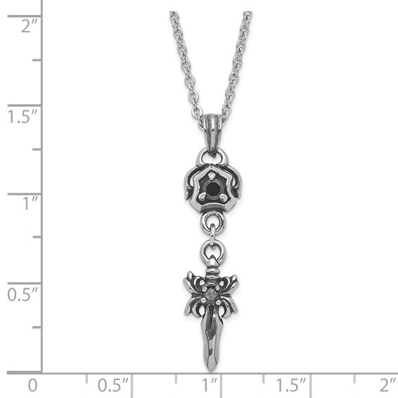Stainless Steel Antiqued & Polished w/ Black CZ Sword Necklace